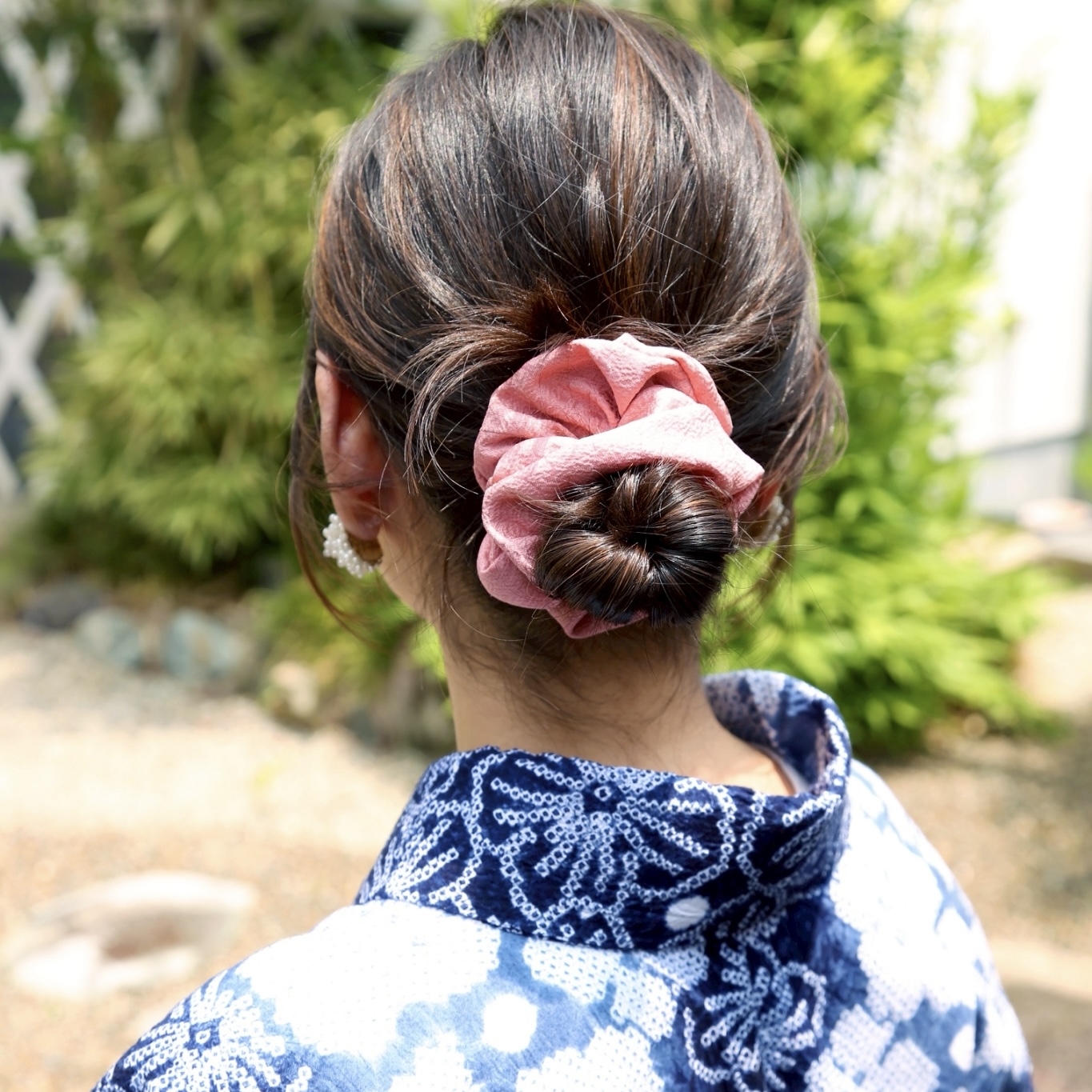 【限定数】きものシルクのリボンシュシュ 麗鳳小紋の長春色(ちょうしゅんいろ)